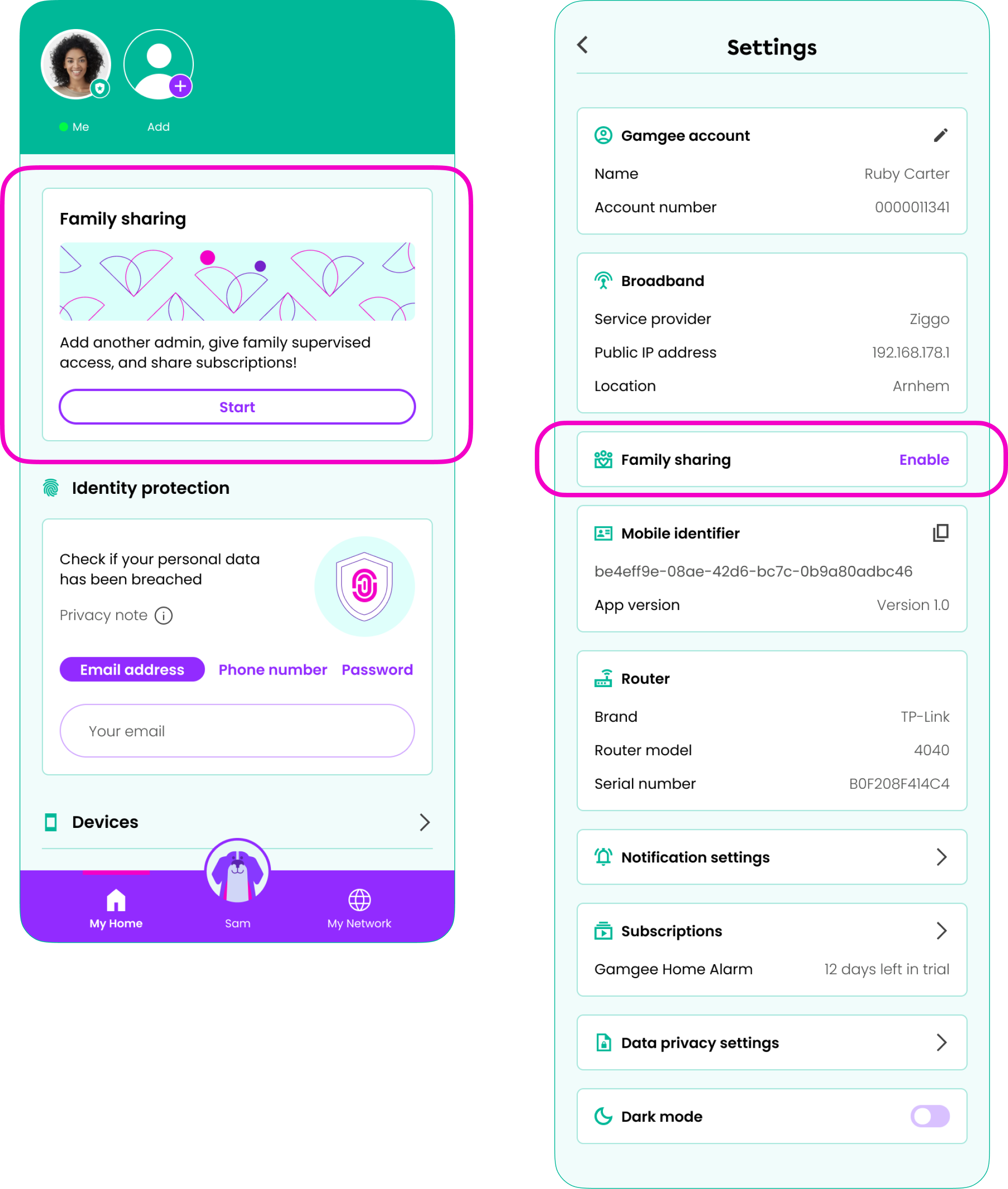Family sharing screen