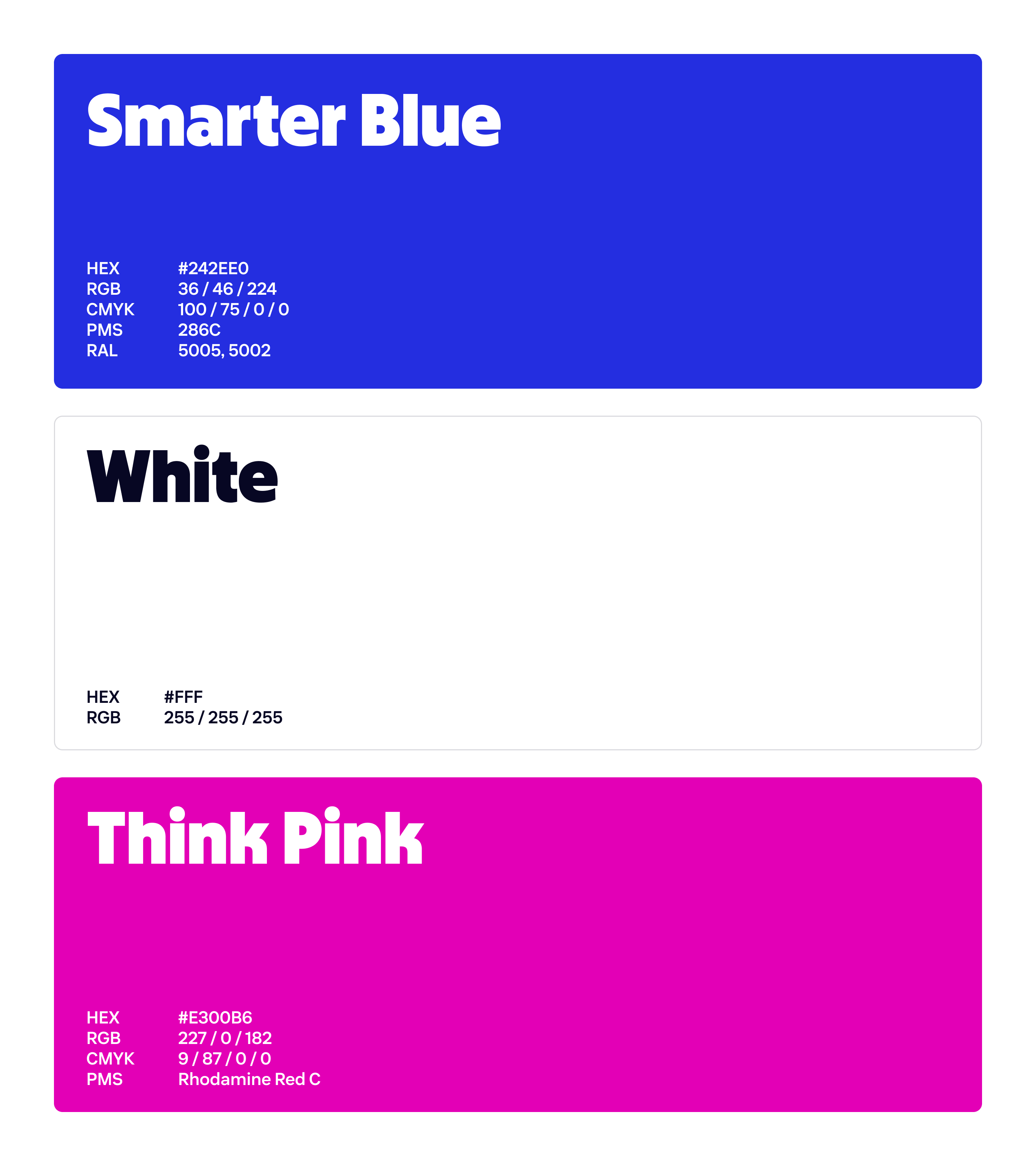 Lebara colour palette — Smarter Blue, White, Think Pink